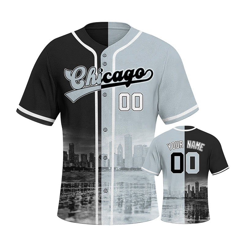 Custom Embroidered Chicago City Skyline Baseball Jersey, Hip-Hop Two-tone Design, Personalized Your Name & Number