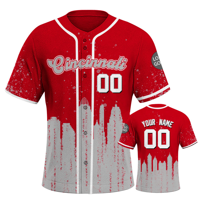 Custom Embroidered Cincinnati City Skyline Baseball Jersey, Hip-Hop Inkjet Design, Personalized Your Name & Number