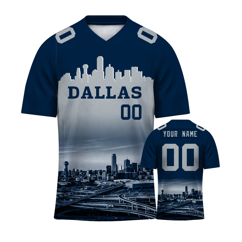 Custom Embroidered Dallas City Skyline Football Jersey, Personalized Football Sports T-Shirts For Men Women Youth Boy