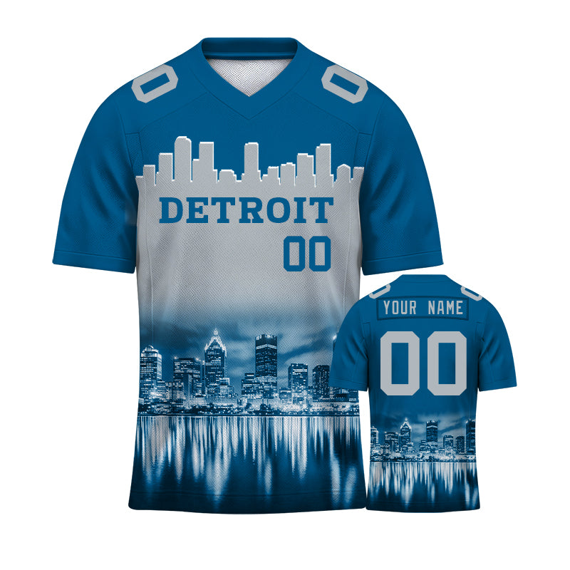 Custom Embroidered Detroit City Skyline Football Jersey, Personalized Football Sports T-Shirts For Men Women Youth Boy
