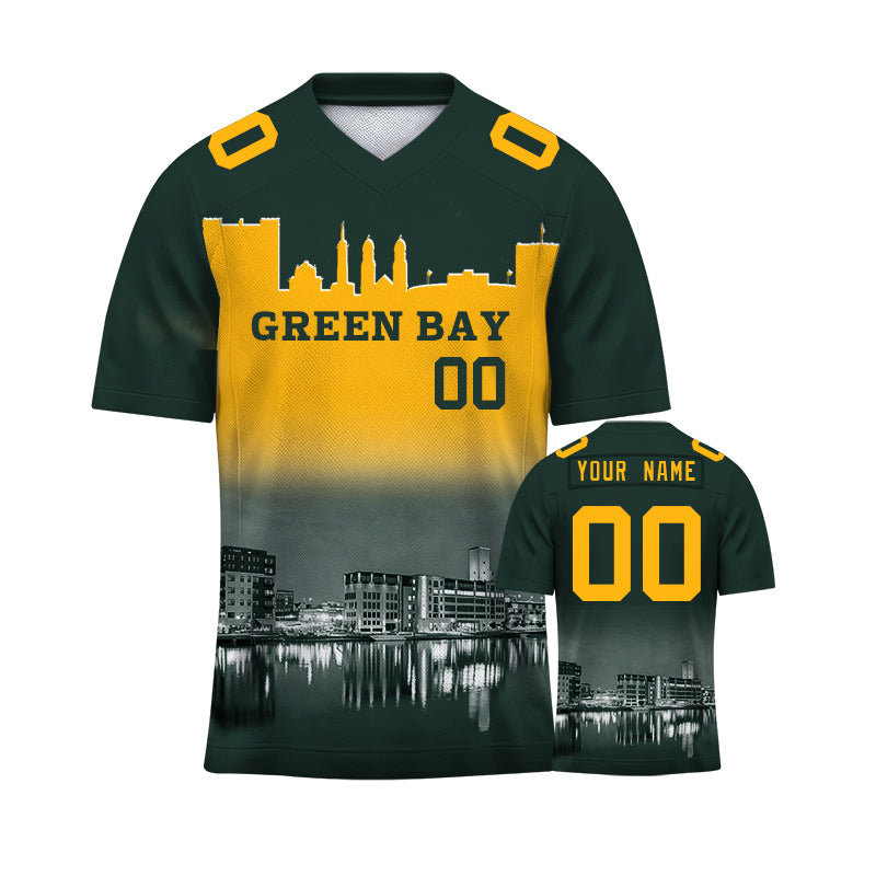 Custom Embroidered Green Bay City Skyline Football Jersey, Personalized Football Sports T-Shirts For Men Women Youth Boy