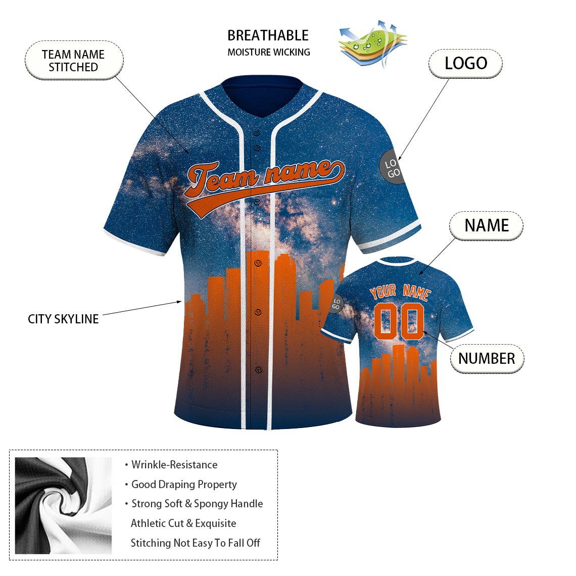 Custom Embroidered Houston City Skyline Baseball Jersey, Hip-Hop Galaxy Design, Personalized Your Name & Number
