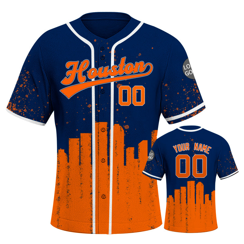 Custom Embroidered Houston City Skyline Baseball Jersey, Hip-Hop Inkjet Design, Personalized Your Name & Number