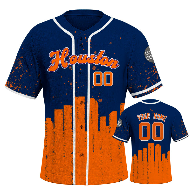 Custom Embroidered Houston City Skyline Baseball Jersey, Hip-Hop Inkjet Design, Personalized Your Name & Number