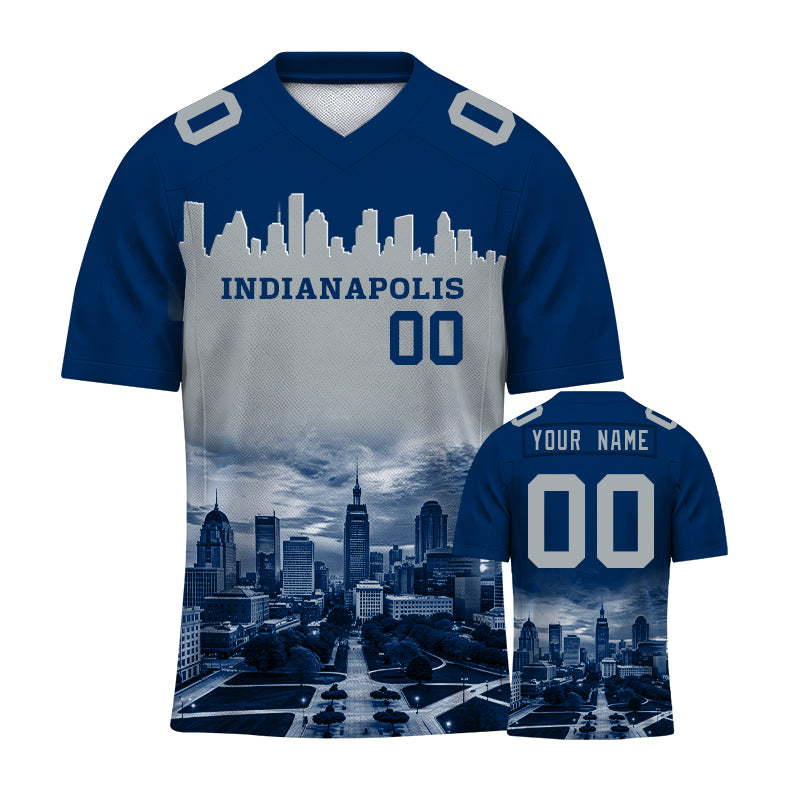 Custom Embroidered Indianapolis City Skyline Football Jersey, Personalized Football Sports T-Shirts For Men Women Youth Boy