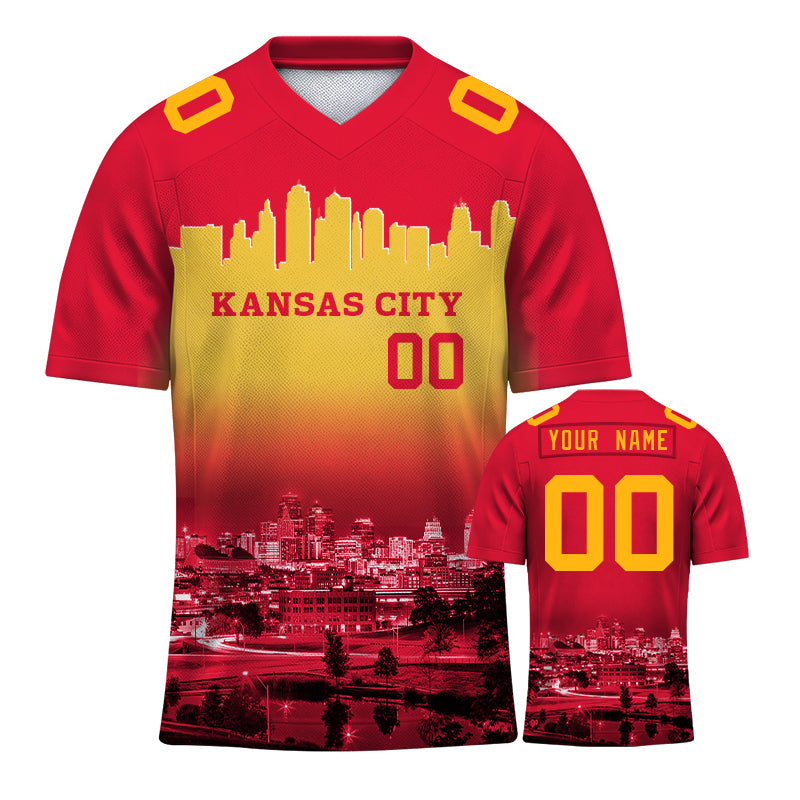 Custom Embroidered Kansas City Skyline Football Jersey, Personalized Football Sports T-Shirts For Men Women Youth Boy