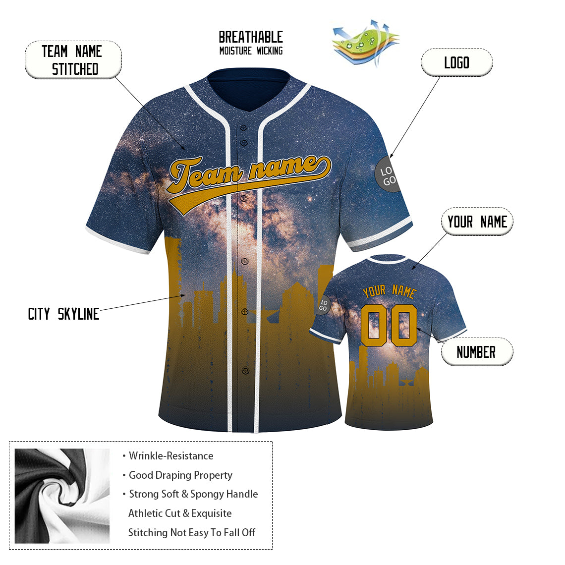 Custom Embroidered Milwaukee City Skyline Baseball Jersey, Hip-Hop Galaxy Design, Personalized Your Name & Number