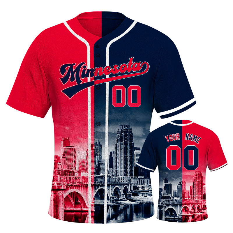 Custom Embroidered Minnesota City Skyline Baseball Jersey, Hip-Hop Two-tone Design, Personalized Your Name & Number