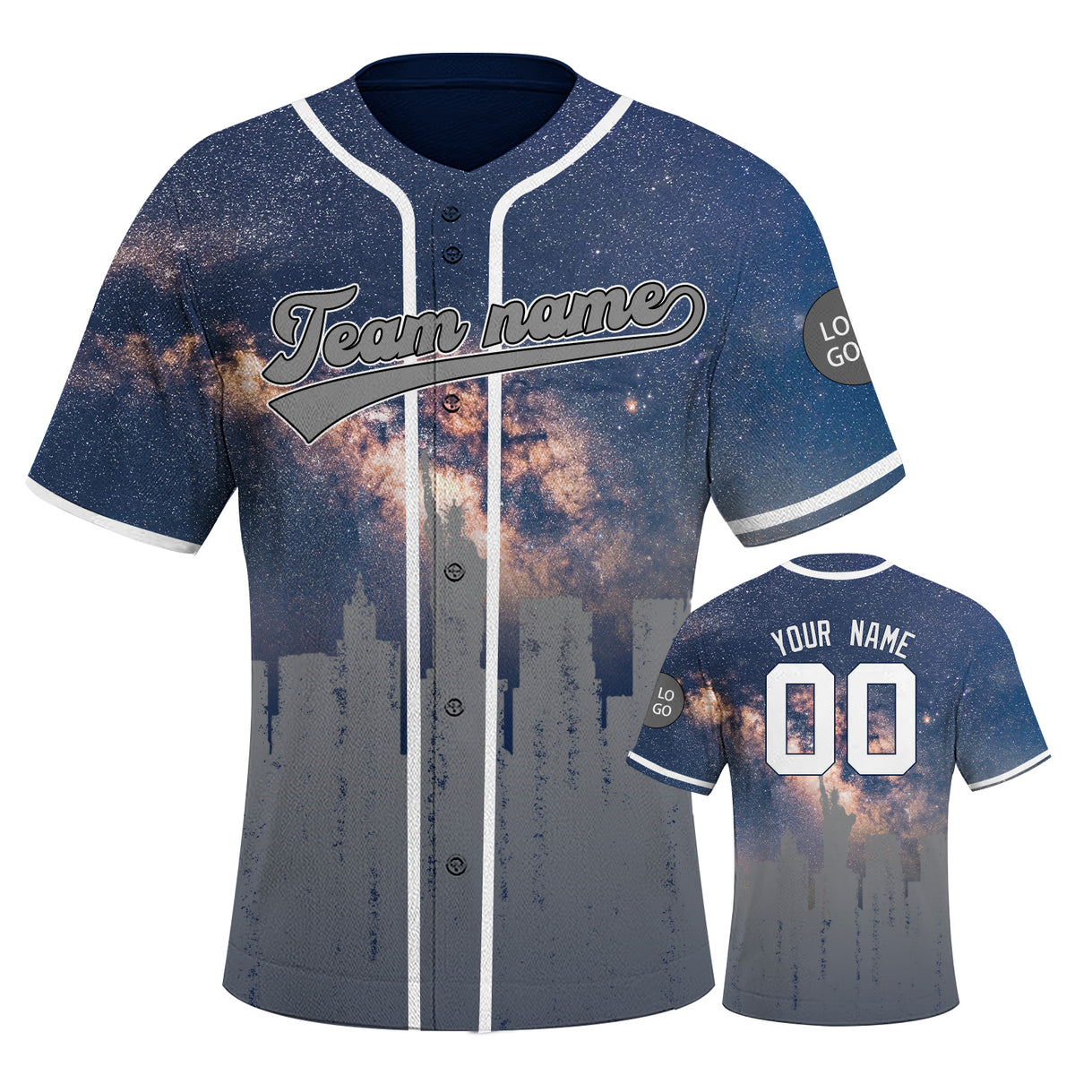Custom Embroidered New York City Skyline Baseball Jersey, Hip-Hop Galaxy Design, Personalized Your Name & Number