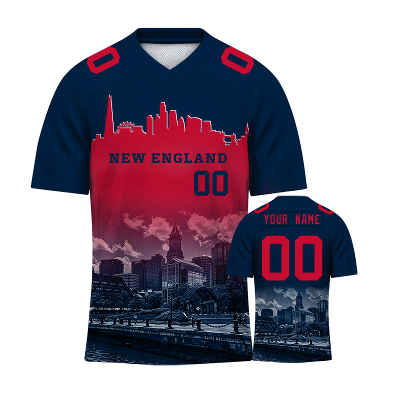 Custom Embroidered New England City Skyline Football Jersey, Personalized Football Sports T-Shirts For Men Women Youth Boy