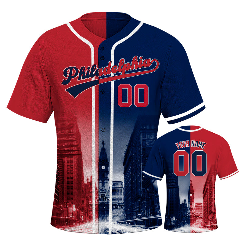 Custom Embroidered Philadelphia City Skyline Baseball Jersey, Hip-Hop Two-tone Design, Personalized Your Name & Number