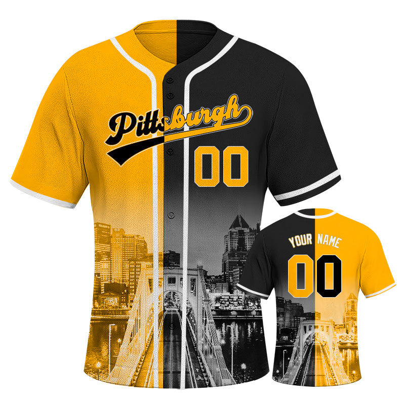 Custom Embroidered Pittsburgh City Skyline Baseball Jersey, Hip-Hop Two-tone Design, Personalized Your Name & Number