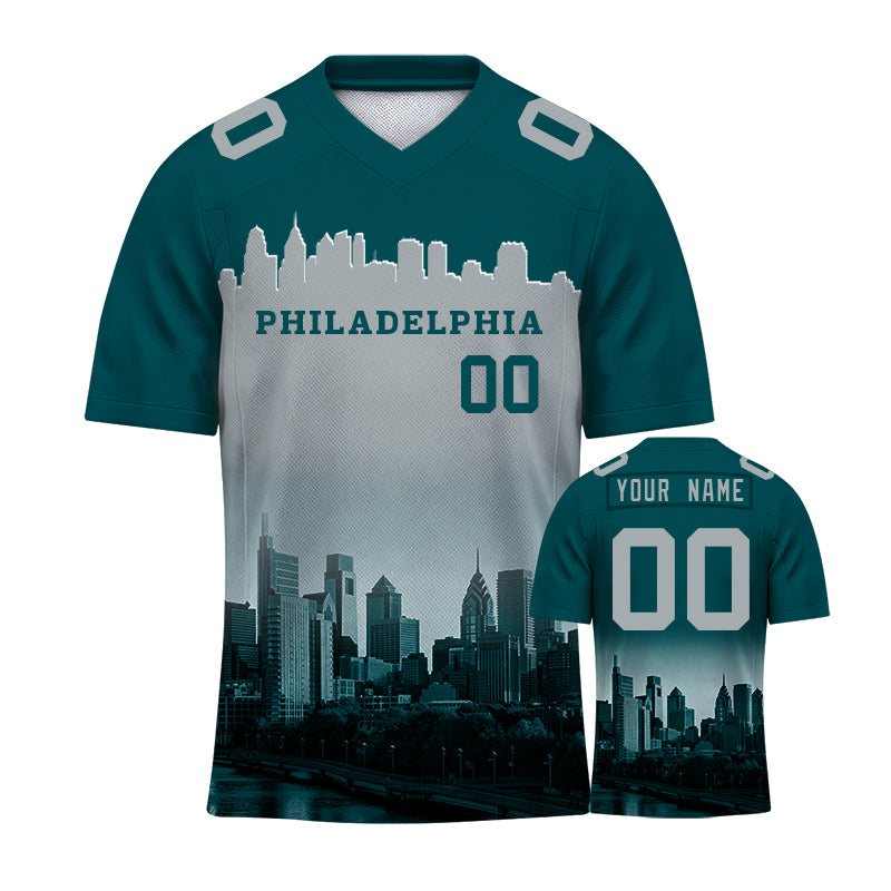 Custom Embroidered Philadelphia City Skyline Football Jersey, Personalized Football Sports T-Shirts For Men Women Youth Boy