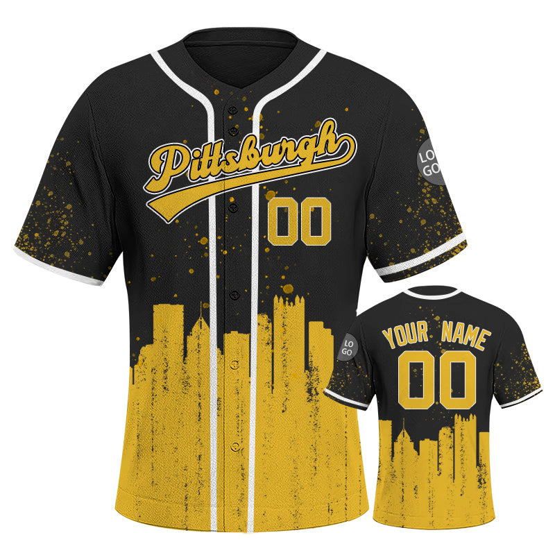 Custom Embroidered Pittsburgh City Skyline Baseball Jersey, Hip-Hop Inkjet Design, Personalized Your Name & Number