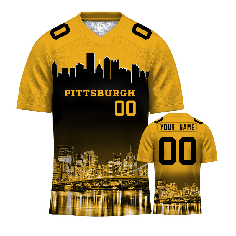 Custom Embroidered Pittsburgh City Skyline Football Jersey, Personalized Football Sports T-Shirts For Men Women Youth Boy