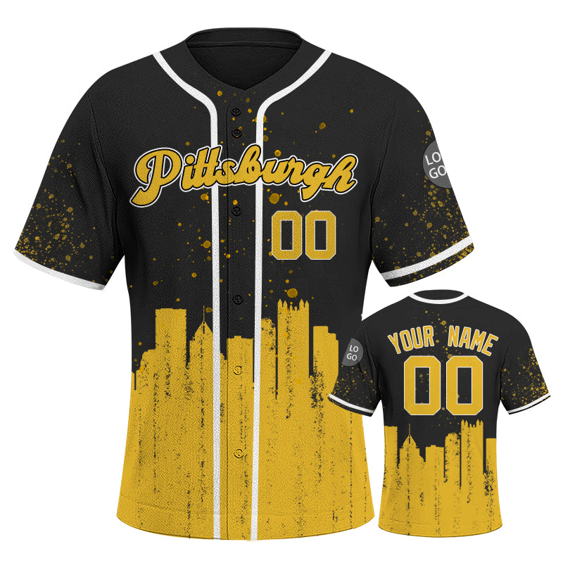 Custom Embroidered Pittsburgh City Skyline Baseball Jersey, Hip-Hop Inkjet Design, Personalized Your Name & Number