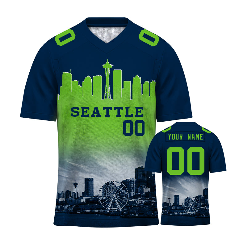 Custom Embroidered Seattle City Skyline Football Jersey, Personalized Football Sports T-Shirts For Men Women Youth Boy