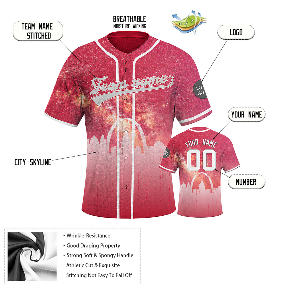 Custom Embroidered St. Louis City Skyline Baseball Jersey, Hip-Hop Galaxy Design, Personalized Your Name & Number