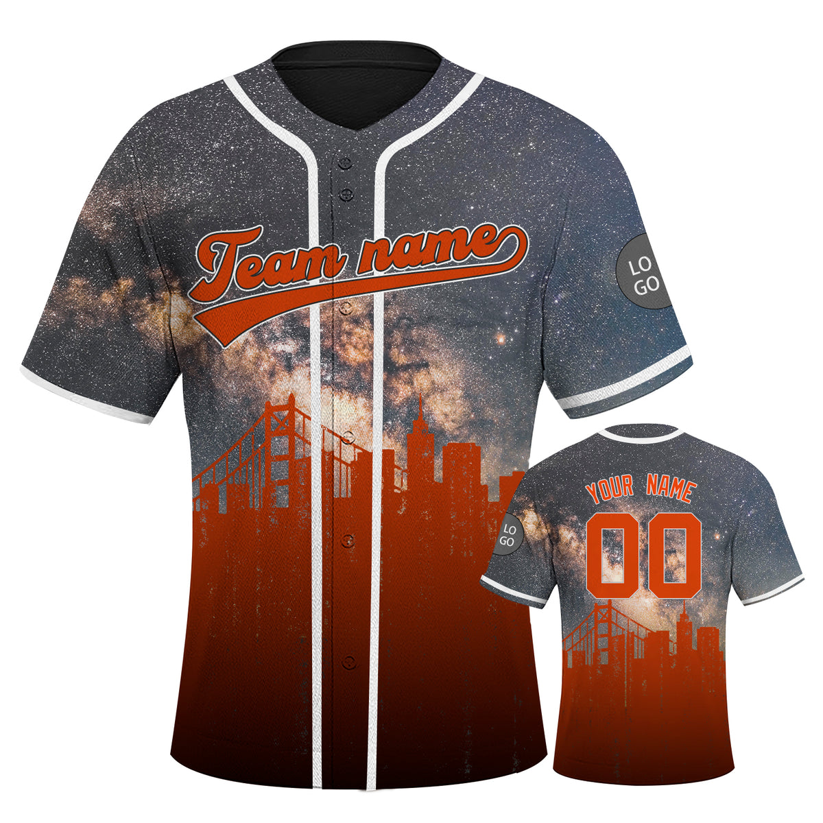 Custom Embroidered San Francisco City Skyline Baseball Jersey, Hip-Hop Galaxy Design, Personalized Your Name & Number