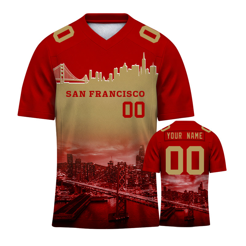 Custom Embroidered San Francisco City Skyline Football Jersey, Personalized Football Sports T-Shirts For Men Women Youth Boy
