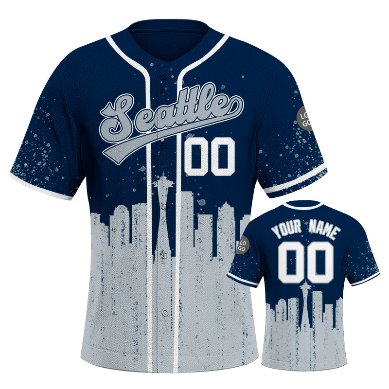 Custom Embroidered Seattle City Skyline Baseball Jersey, Hip-Hop Inkjet Design, Personalized Your Name & Number