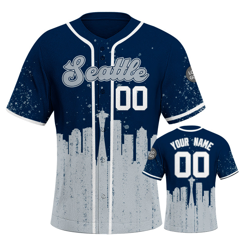 Custom Embroidered Seattle City Skyline Baseball Jersey, Hip-Hop Inkjet Design, Personalized Your Name & Number