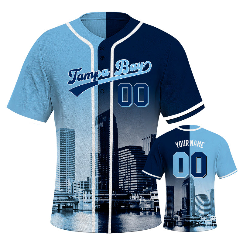 Custom Embroidered Tampa Bay City Skyline Baseball Jersey, Hip-Hop Two-tone Design, Personalized Your Name & Number