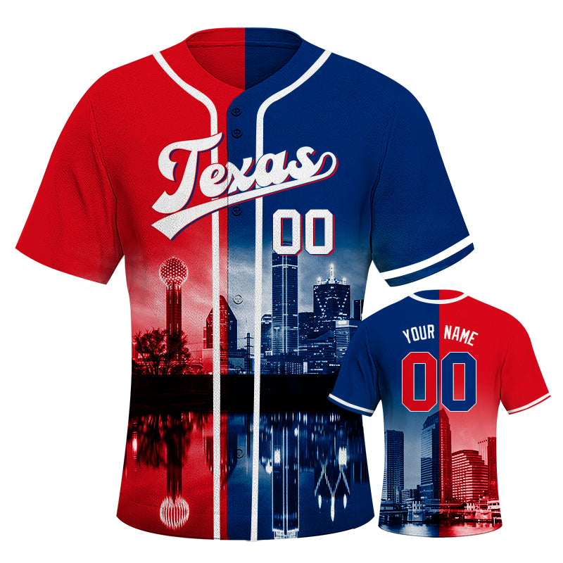 Custom Embroidered Texas City Skyline Baseball Jersey, Hip-Hop Two-tone Design, Personalized Your Name & Number