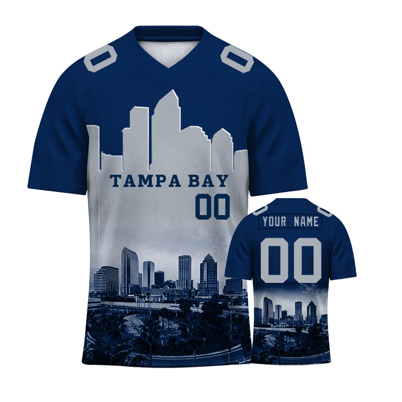 Custom Embroidered Tampa Bay City Skyline Football Jersey, Personalized Football Sports T-Shirts For Men Women Youth Boy