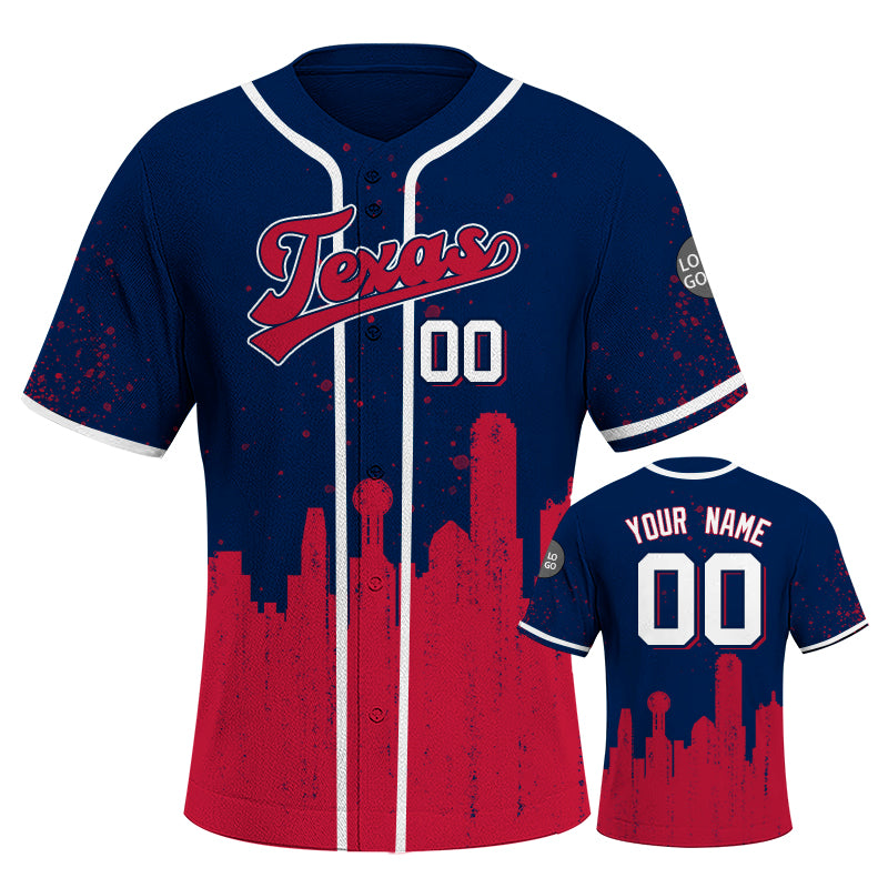 Custom Embroidered Texas City Skyline Baseball Jersey, Hip-Hop Inkjet Design, Personalized Your Name & Number