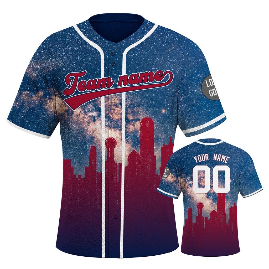 Custom Embroidered Texas City Skyline Baseball Jersey, Hip-Hop Galaxy Design, Personalized Your Name & Number