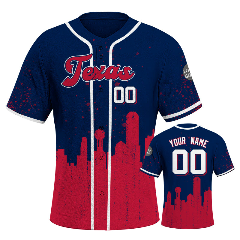Custom Embroidered Texas City Skyline Baseball Jersey, Hip-Hop Inkjet Design, Personalized Your Name & Number