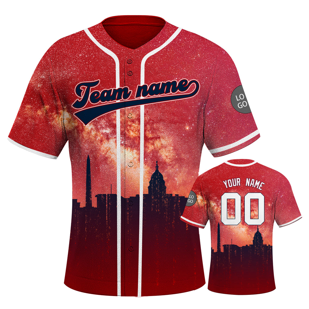 Custom Embroidered Washington City Skyline Baseball Jersey, Hip-Hop Galaxy Design, Personalized Your Name & Number