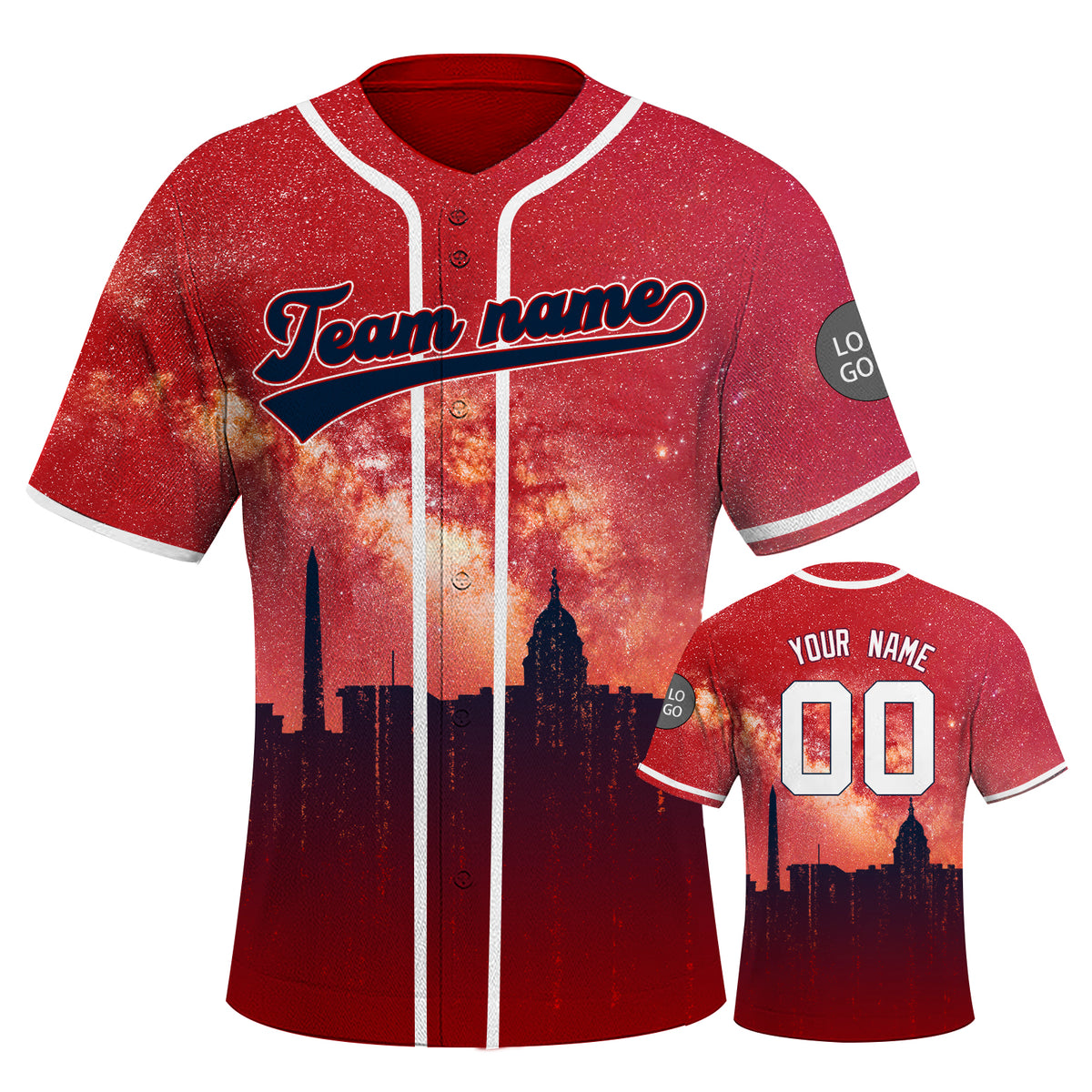 Custom Embroidered Washington City Skyline Baseball Jersey, Hip-Hop Galaxy Design, Personalized Your Name & Number
