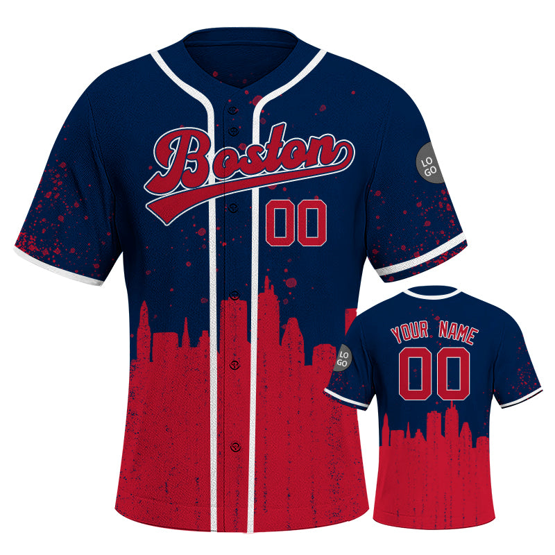 Custom Embroidered Boston City Skyline Baseball Jersey, Hip-Hop Inkjet Design, Personalized Your Name & Number