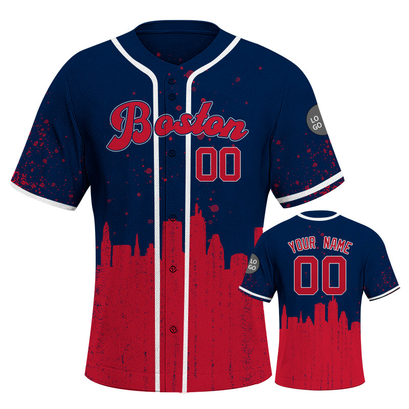 Custom Embroidered Boston City Skyline Baseball Jersey, Hip-Hop Inkjet Design, Personalized Your Name & Number