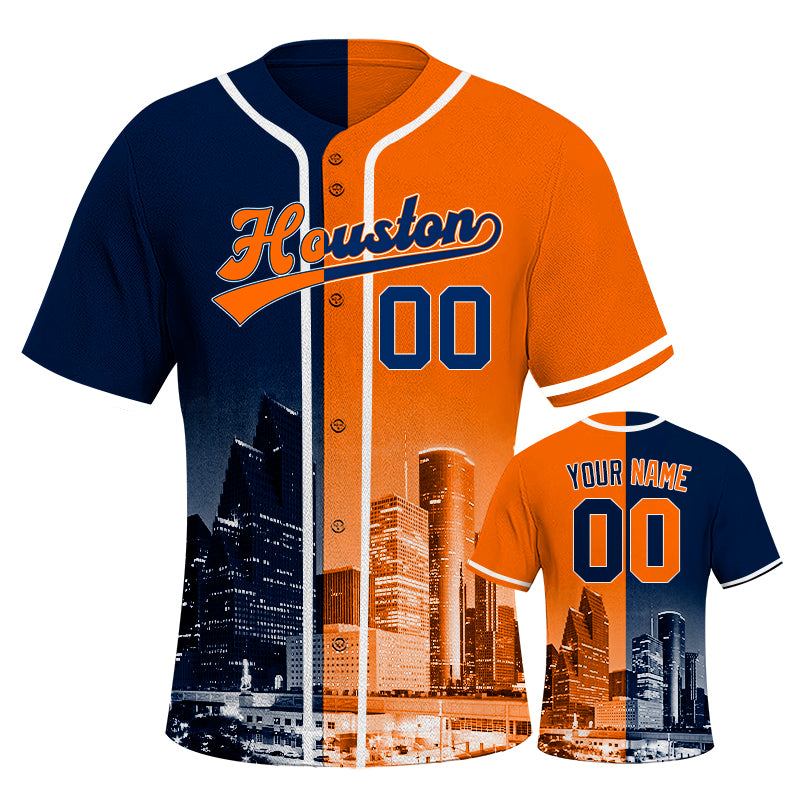 Custom Embroidered Houston City Skyline Baseball Jersey, Hip-Hop Two-tone Design, Personalized Your Name & Number