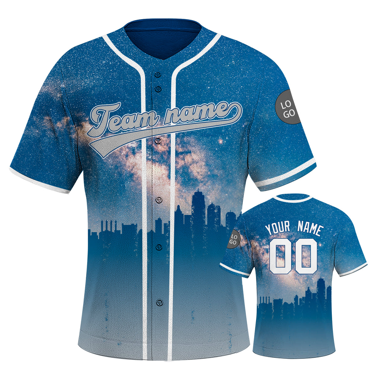 Custom Embroidered Kansas City Skyline Baseball Jersey, Hip-Hop Galaxy Design, Personalized Your Name & Number