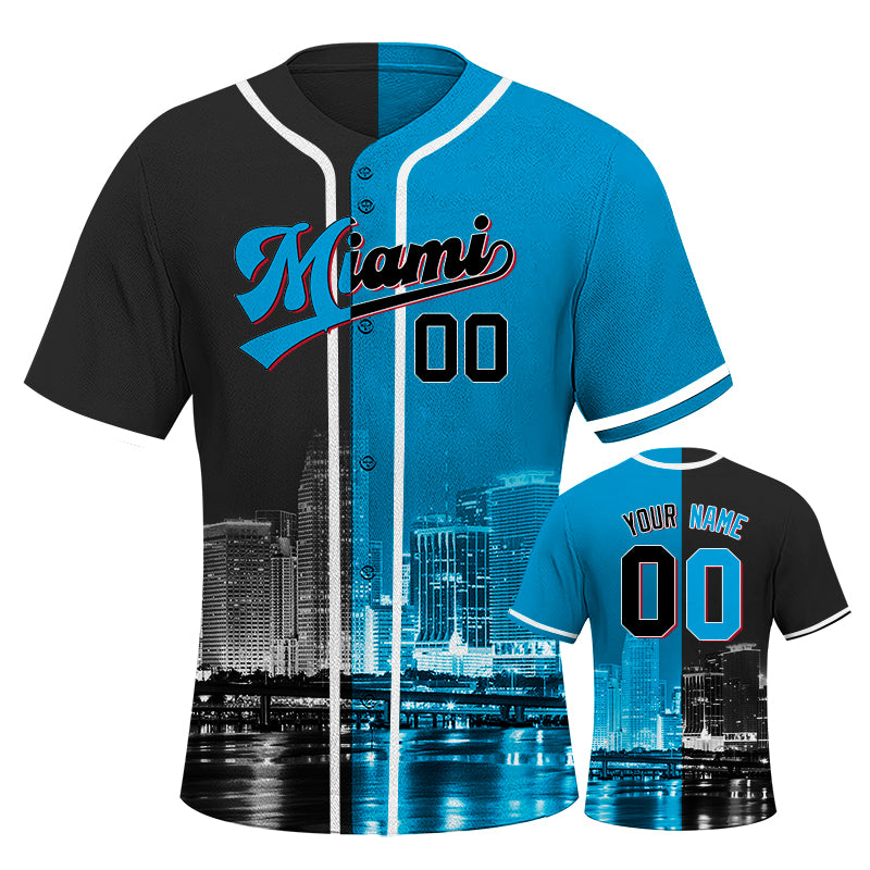 Custom Embroidered Miami City Skyline Baseball Jersey, Hip-Hop Two-tone Design, Personalized Your Name & Number