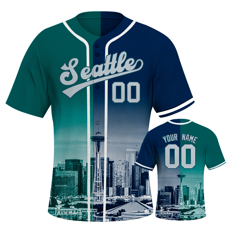 Custom Embroidered Seattle City Skyline Baseball Jersey, Hip-Hop Two-tone Design, Personalized Your Name & Number