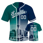 Custom Embroidered Seattle City Skyline Baseball Jersey, Hip-Hop Two-tone Design, Personalized Your Name & Number