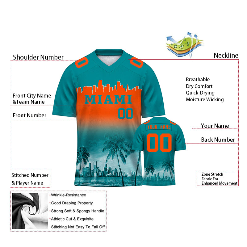 Custom Embroidered Miami City Skyline Football Jersey, Personalized Football Sports T-Shirts For Men Women Youth Boy