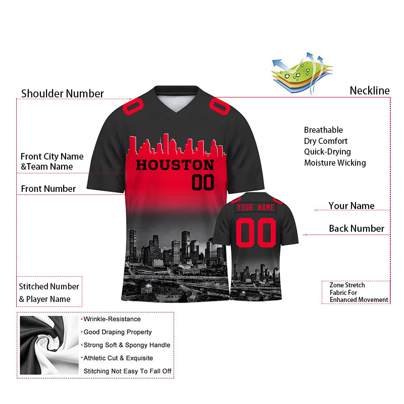Custom Embroidered Houston City Skyline Football Jersey, Personalized Football Sports T-Shirts For Men Women Youth Boy