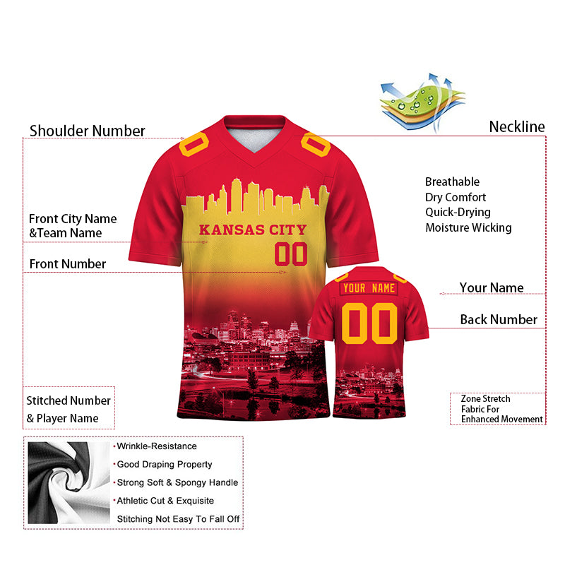 Custom Embroidered Kansas City Skyline Football Jersey, Personalized Football Sports T-Shirts For Men Women Youth Boy