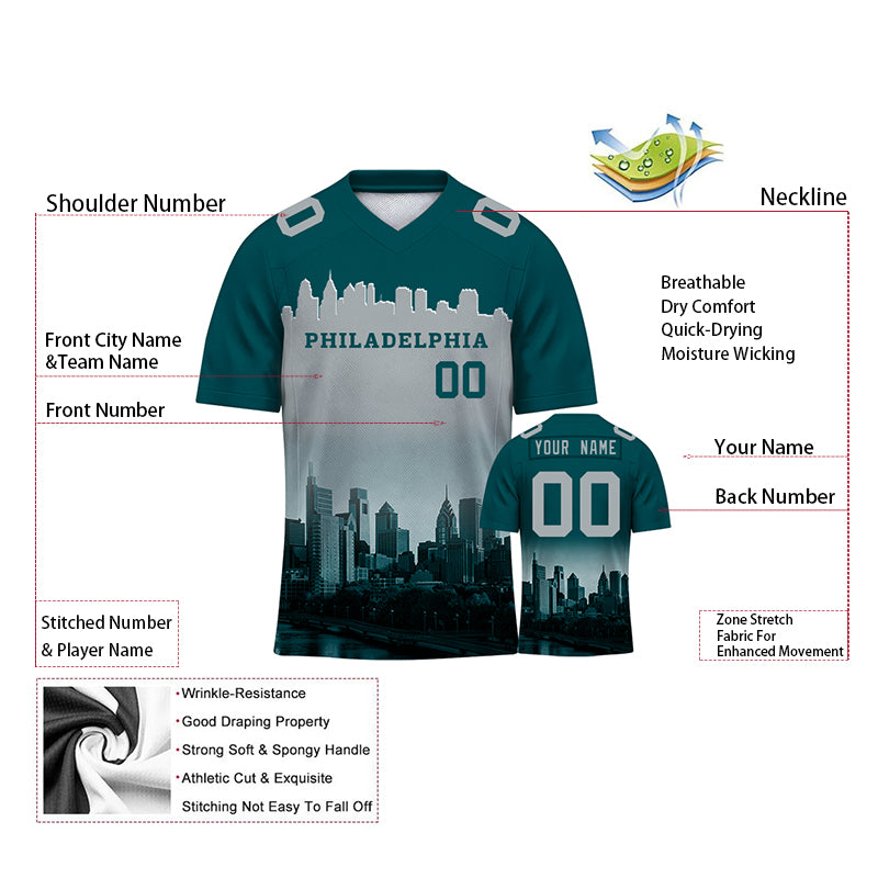 Custom Embroidered Philadelphia City Skyline Football Jersey, Personalized Football Sports T-Shirts For Men Women Youth Boy
