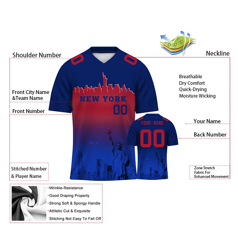 Custom Embroidered New York City Skyline Football Jersey, Personalized Football Sports T-Shirts For Men Women Youth Boy
