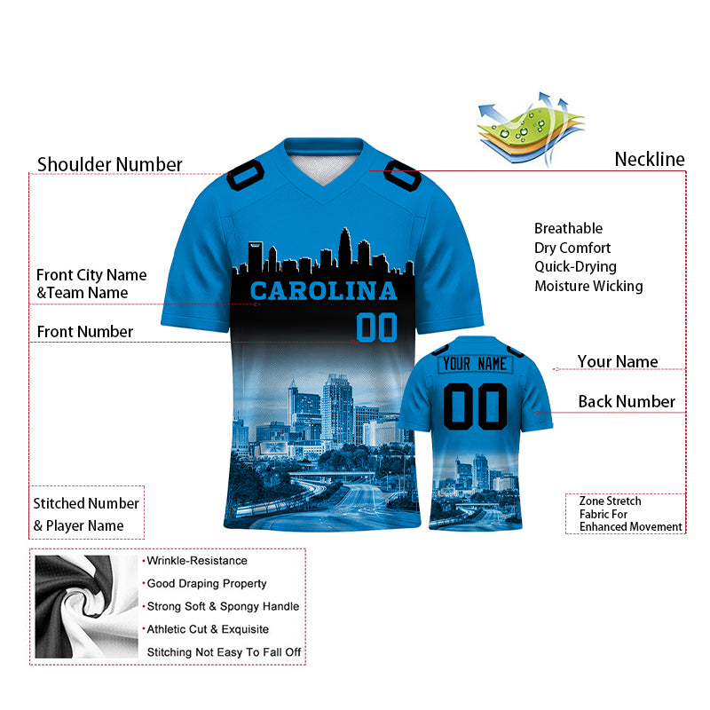 Custom Embroidered Carolina City Skyline Football Jersey, Personalized Football Sports T-Shirts For Men Women Youth Boy