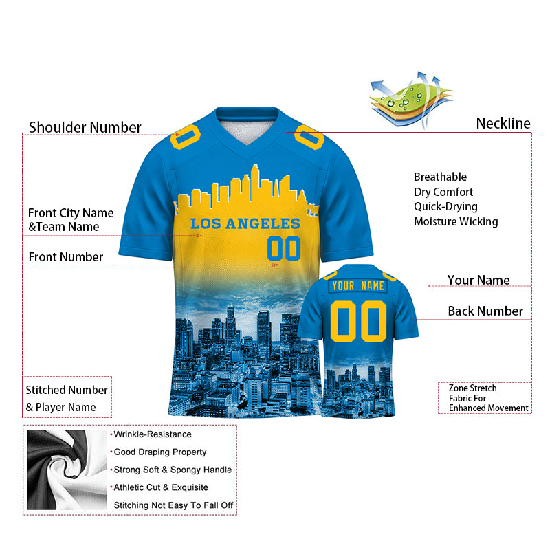 Custom Embroidered Los Angeles City Skyline Football Jersey, Personalized Football Sports T-Shirts For Men Women Youth Boy