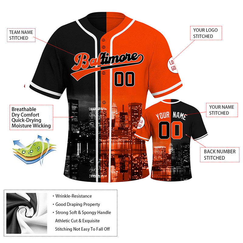 Custom Embroidered Baltimore City Skyline Baseball Jersey, Hip-Hop Two-tone Design, Personalized Your Name & Number