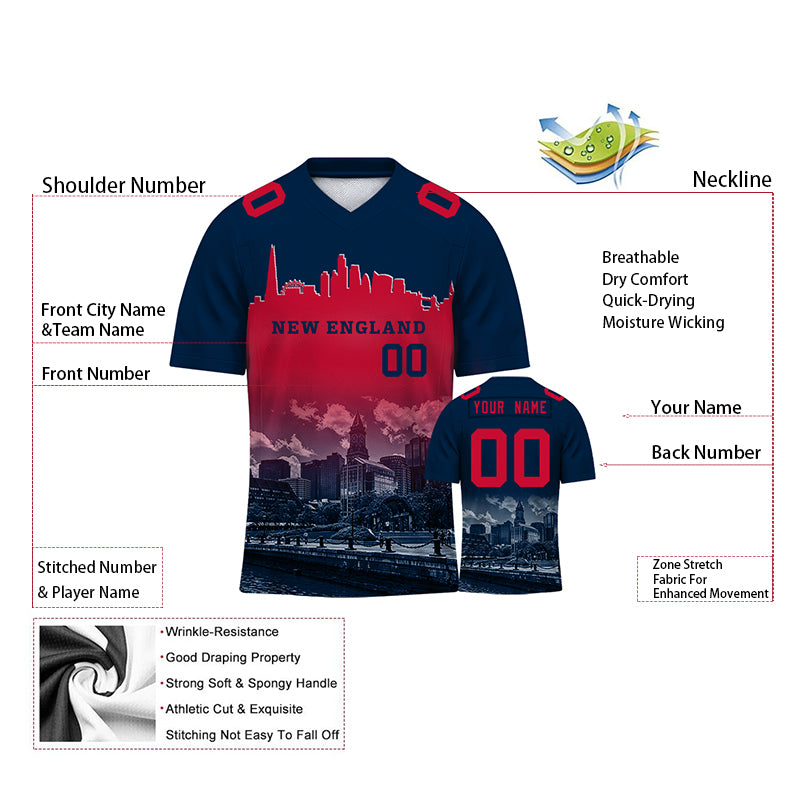 Custom Embroidered New England City Skyline Football Jersey, Personalized Football Sports T-Shirts For Men Women Youth Boy